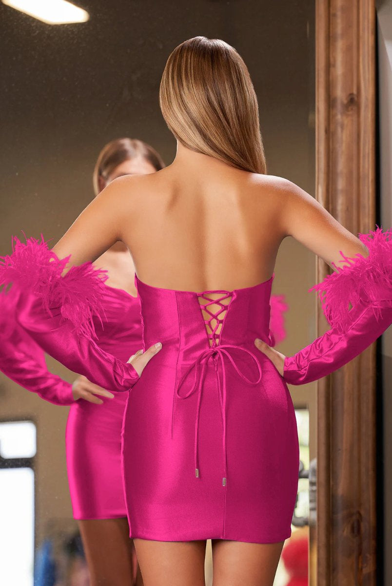 Rosalyn |Sheath Satin Strapless Fitted Homecoming Dress with Long Sleeves - KissProm