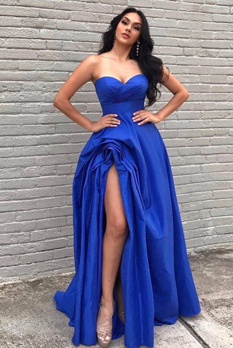 Rosario | A Line Sweetheart Satin Long Prom Dresses with Slit - KissProm