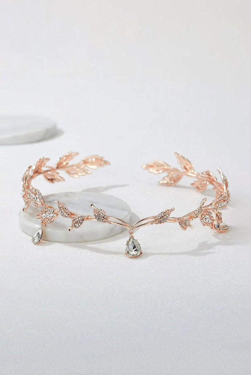 Rose Gold Leaf Crystal Crown - KissProm