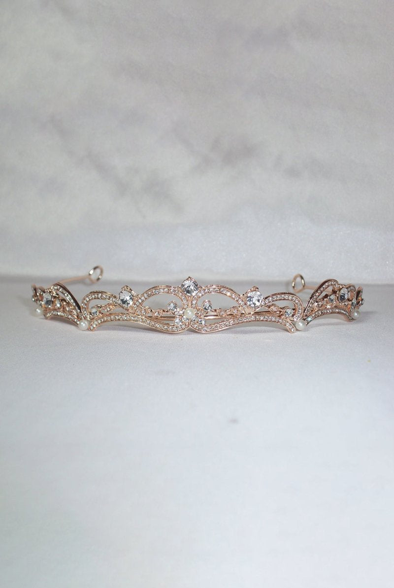 Gold Rhinestone Pearl Wedding Tiara - KissProm