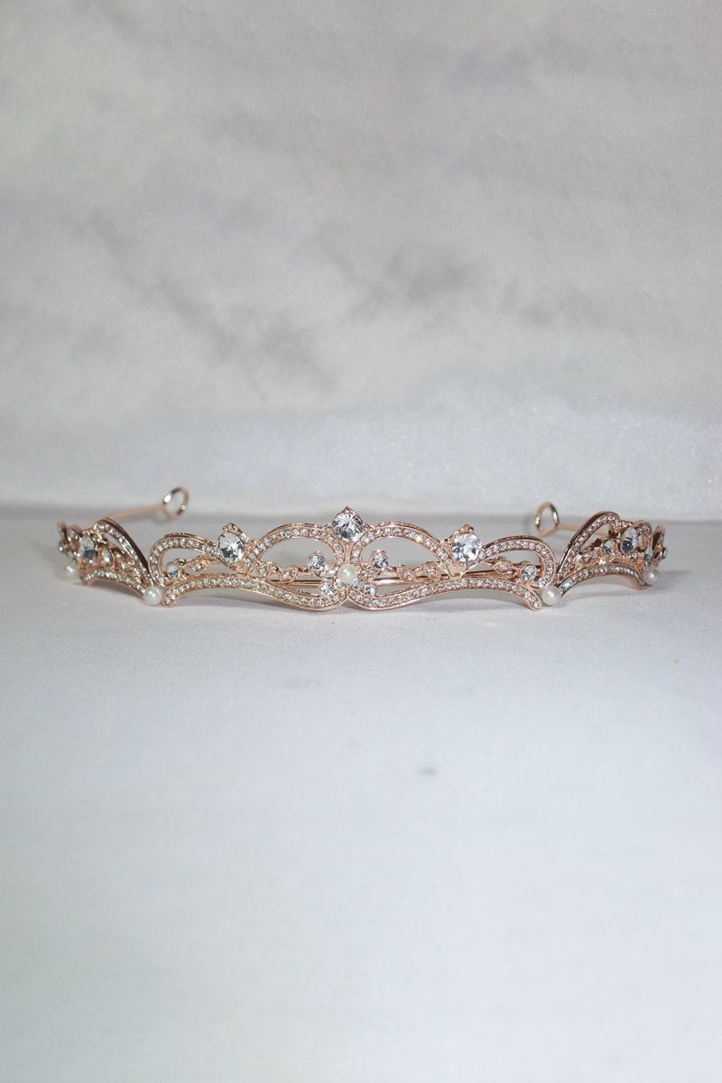 Gold Rhinestone Pearl Wedding Tiara - KissProm