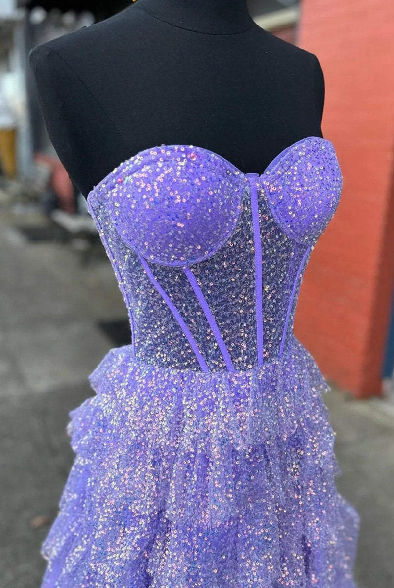 Rosina | Lavender A-Line Sweetheart Sequins Long Prom Dresses With Split
