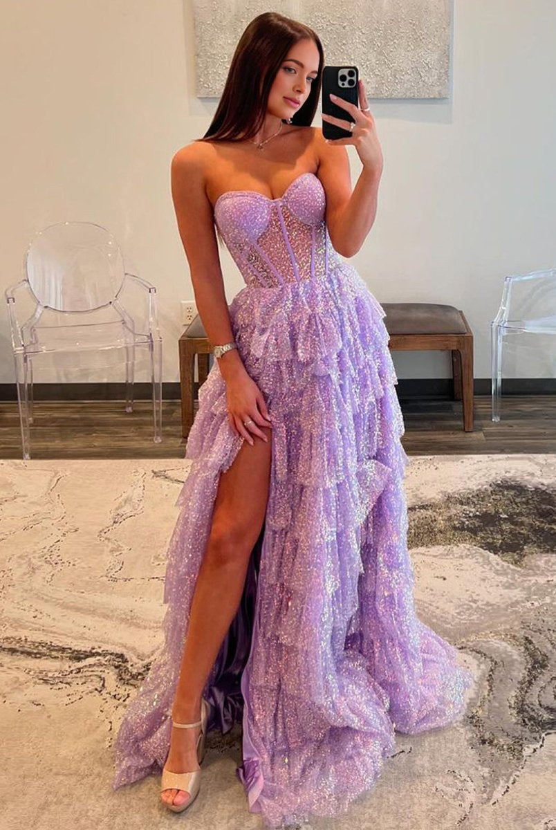 Rosina | Lavender A-Line Sweetheart Sequins Long Prom Dresses With Split