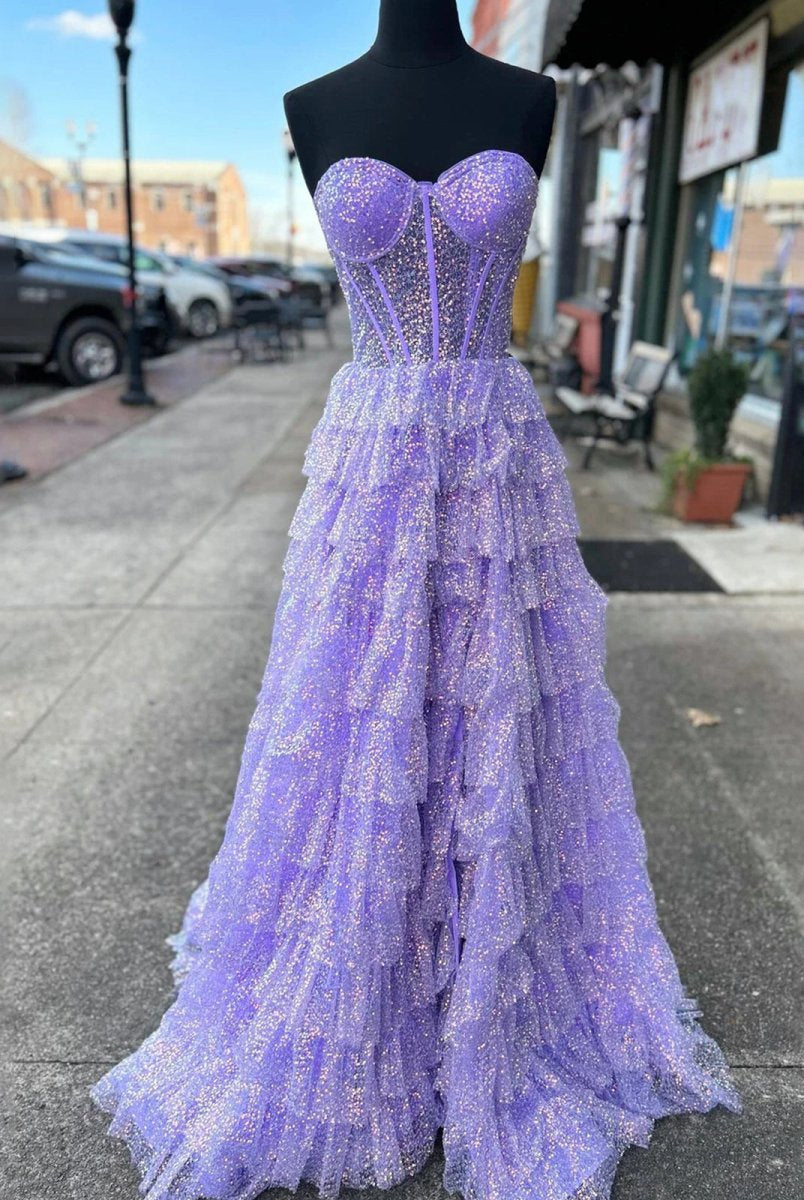 Rosina | Lavender A-Line Sweetheart Sequins Long Prom Dresses With Split