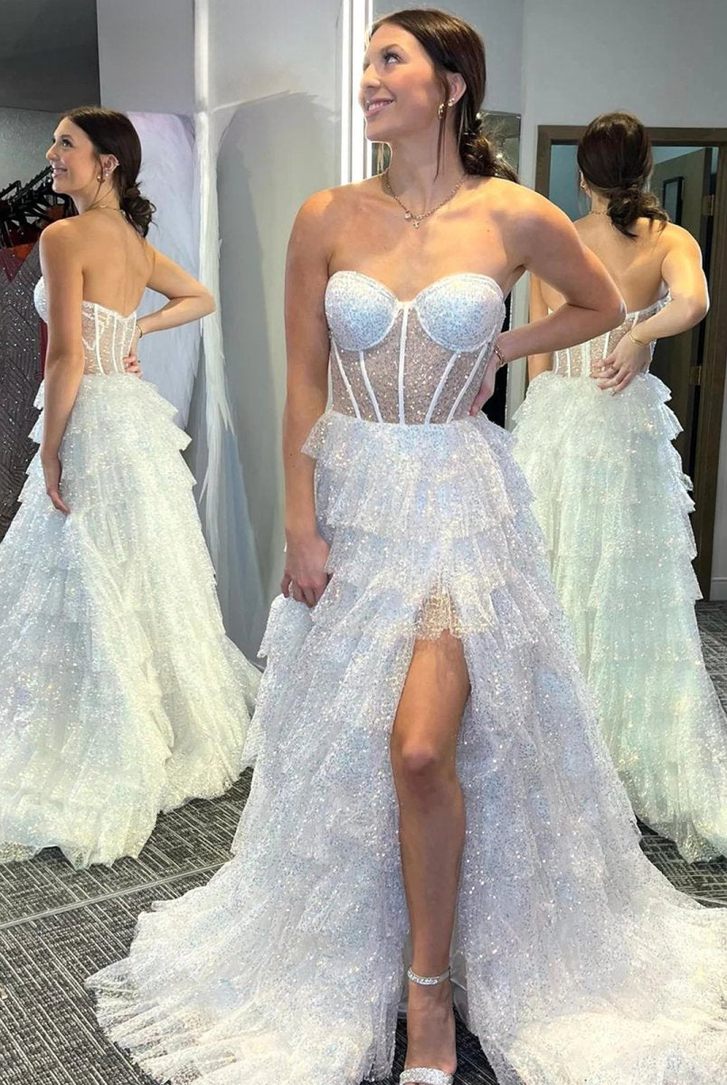 Rosina | Lavender A-Line Sweetheart Sequins Long Prom Dresses With Split