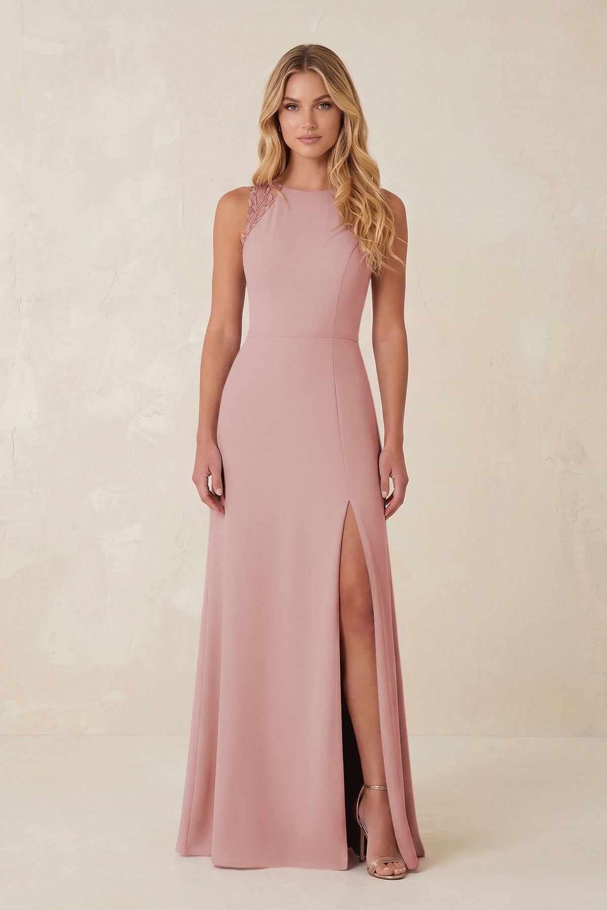 Round Neck Sheath Chiffon Appliqued Bridesmaid Dress in Dusty Rose Round Neck Sheath Chiffon Appliqued Bridesmaid Dress in Dusty Rose