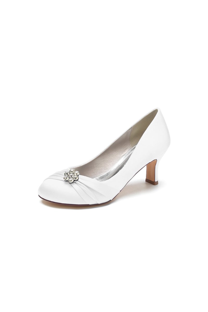 Round Toe Crystal Flower Chunky Heels - KissProm