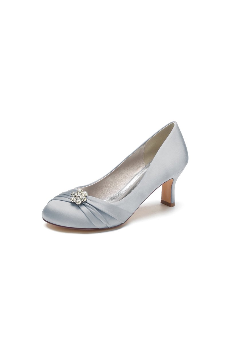 Round Toe Crystal Flower Chunky Heels - KissProm