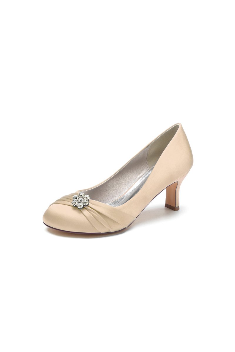 Round Toe Crystal Flower Chunky Heels - KissProm