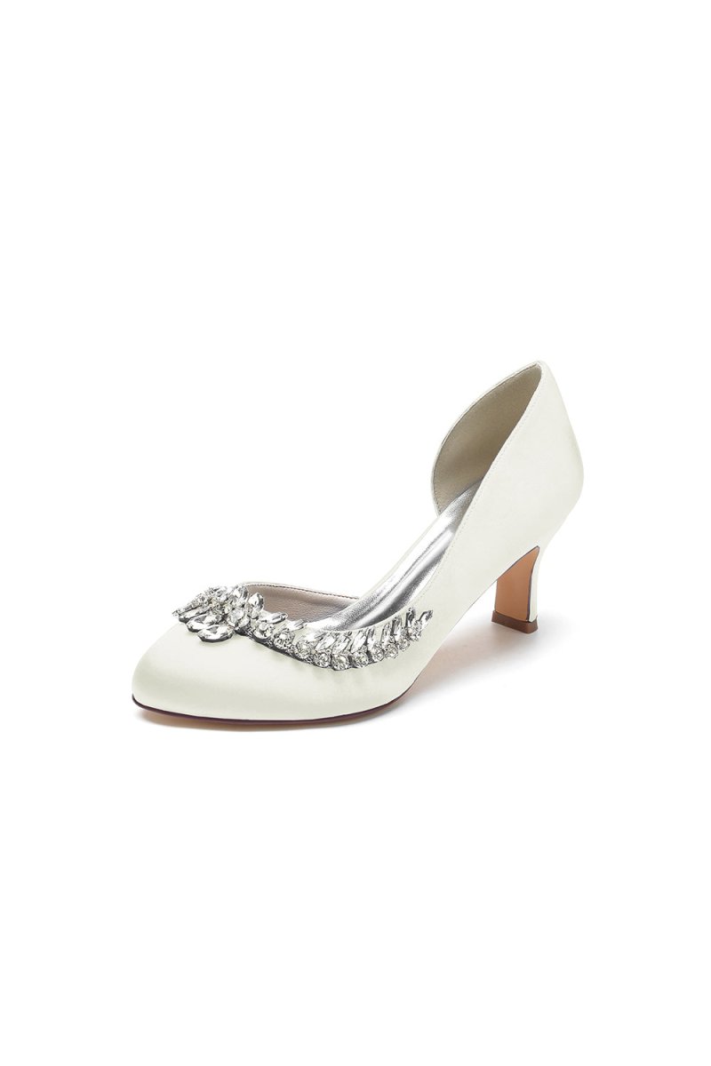 Round Toe Crystal Leaf Chunky Heels - KissProm