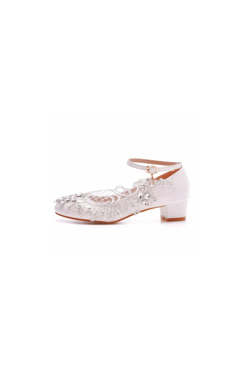 Round Toe Lace Rhinestones Ankle Strap Chunky Heel Wedding Shoes - KissProm