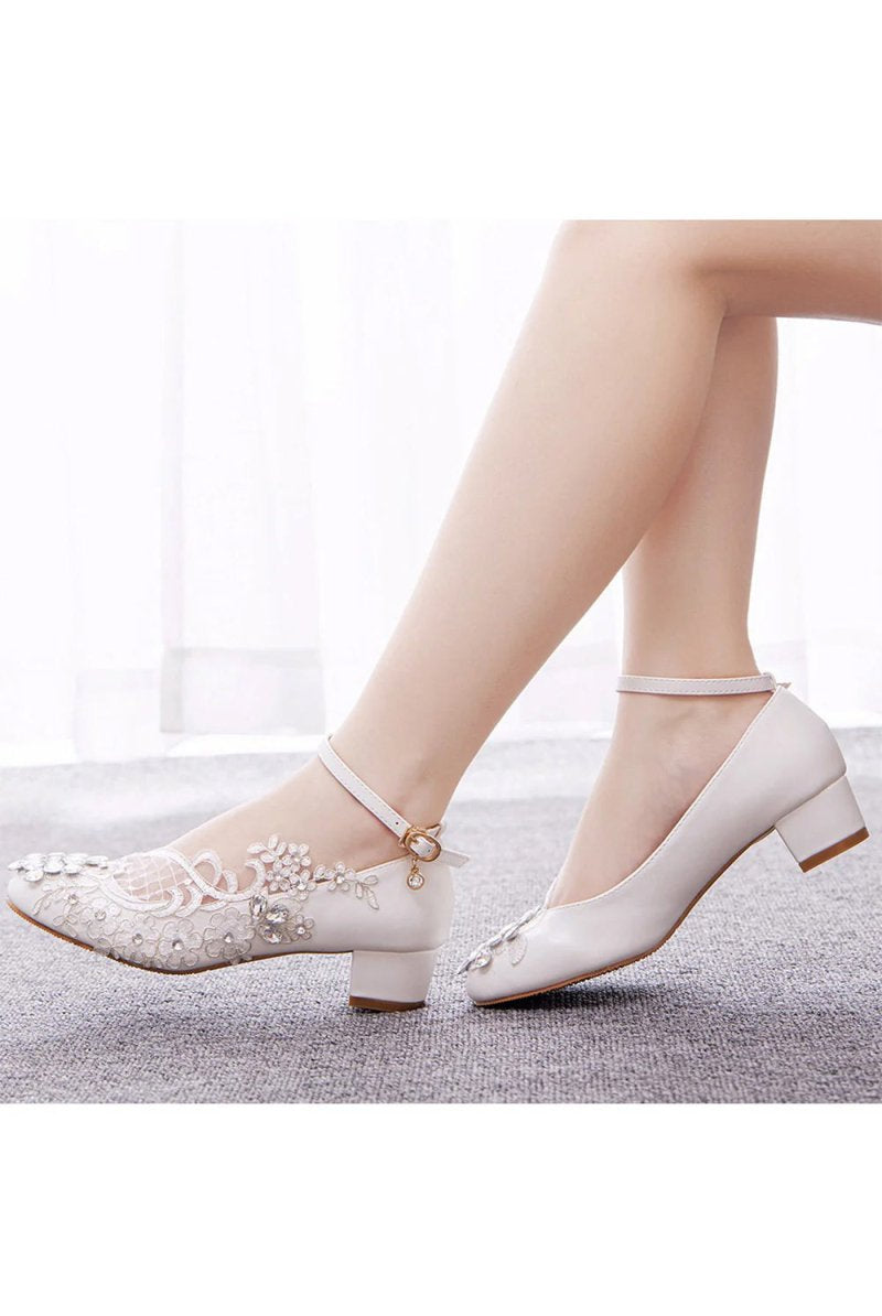Round Toe Lace Rhinestones Ankle Strap Chunky Heel Wedding Shoes - KissProm