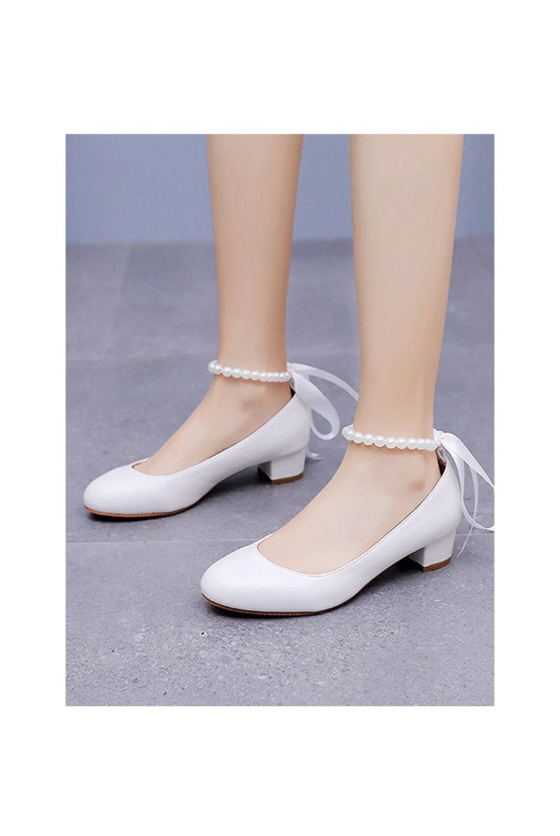 Round Toe Low Chunky Heels Beaded Wedding Shoes - KissProm