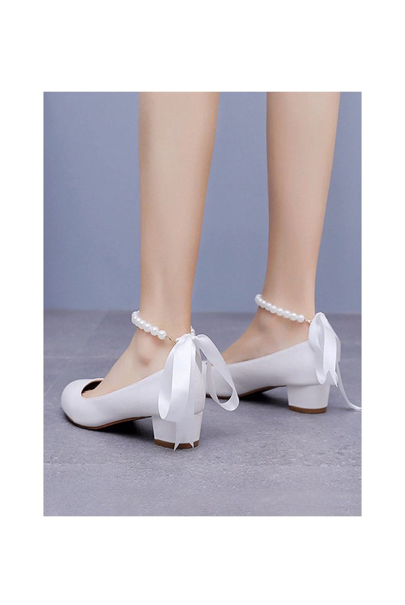 Round Toe Low Chunky Heels Beaded Wedding Shoes - KissProm