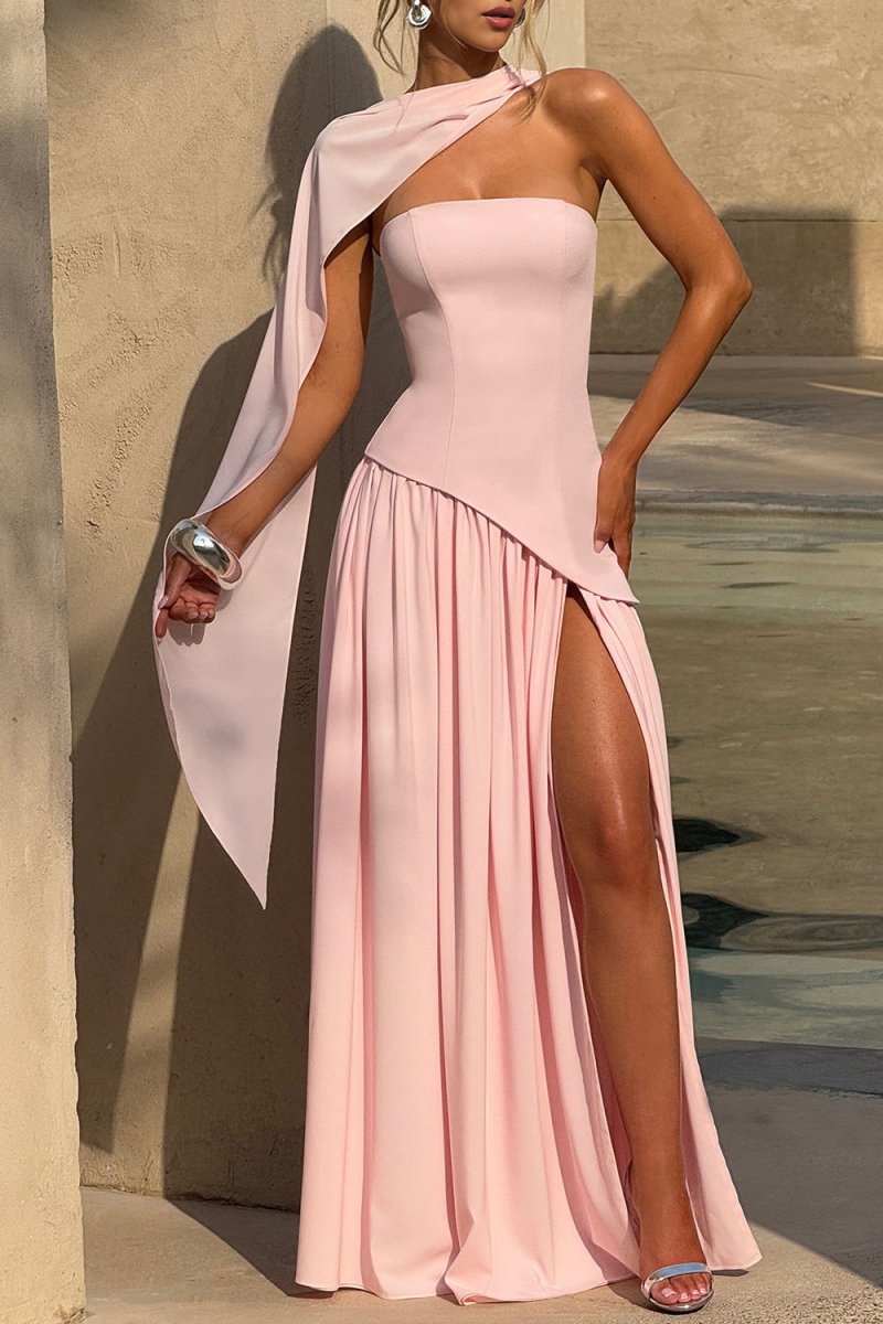 Roxanne | Pink - Strapless Sheath Chiffon Long Prom Dresses With Slit - KissProm