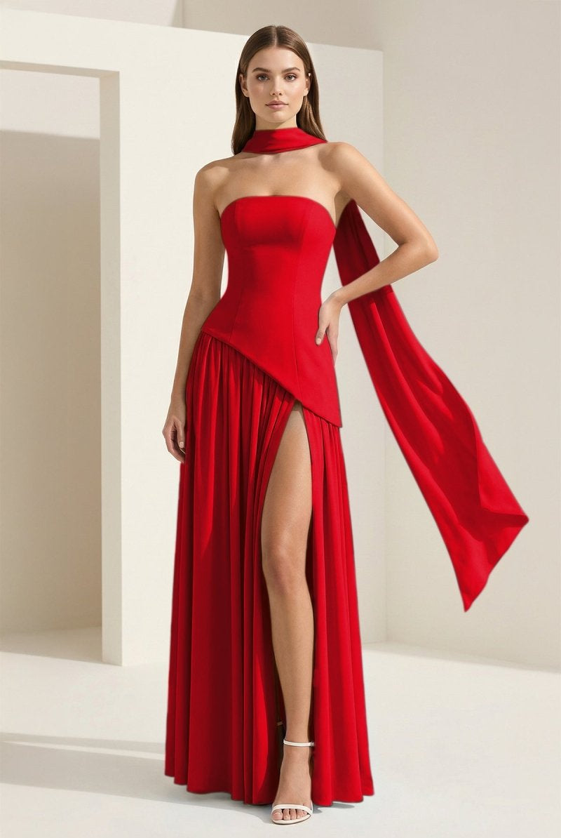 Roxanne | Pink - Strapless Sheath Chiffon Long Prom Dresses With Slit - KissProm