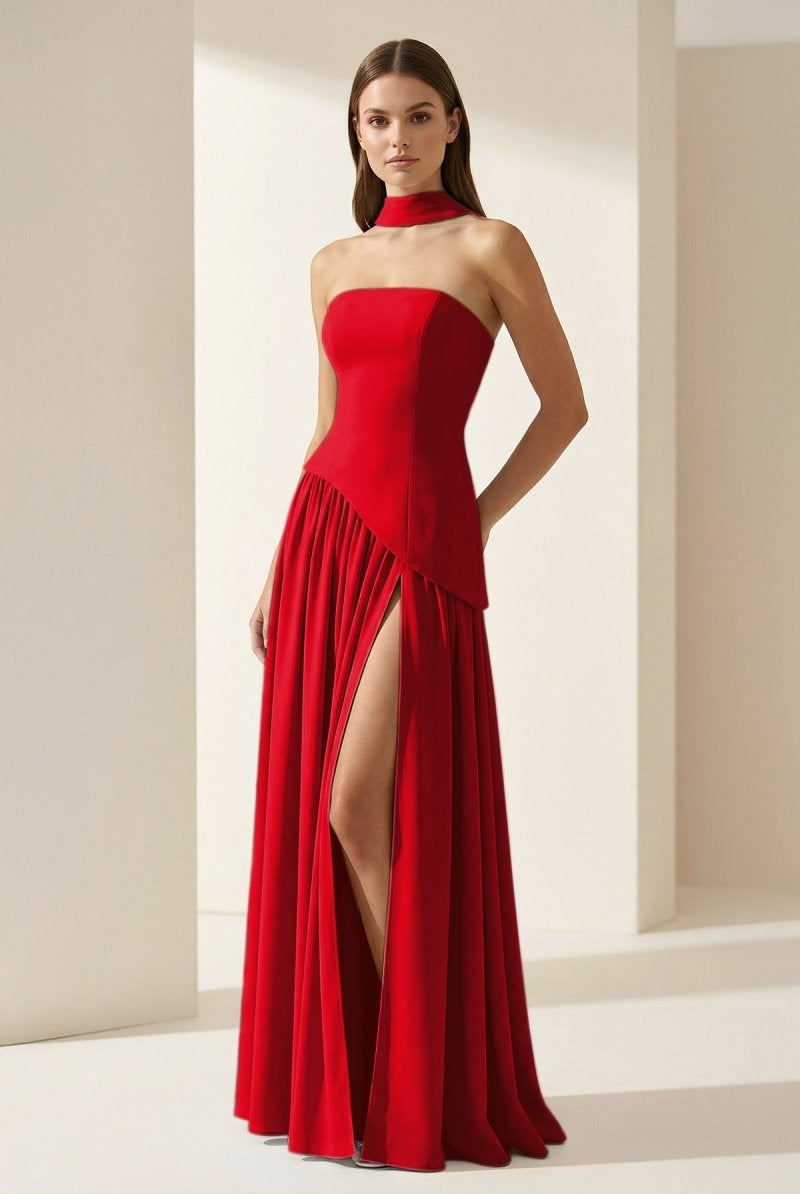 Roxanne | Pink - Strapless Sheath Chiffon Long Prom Dresses With Slit - KissProm