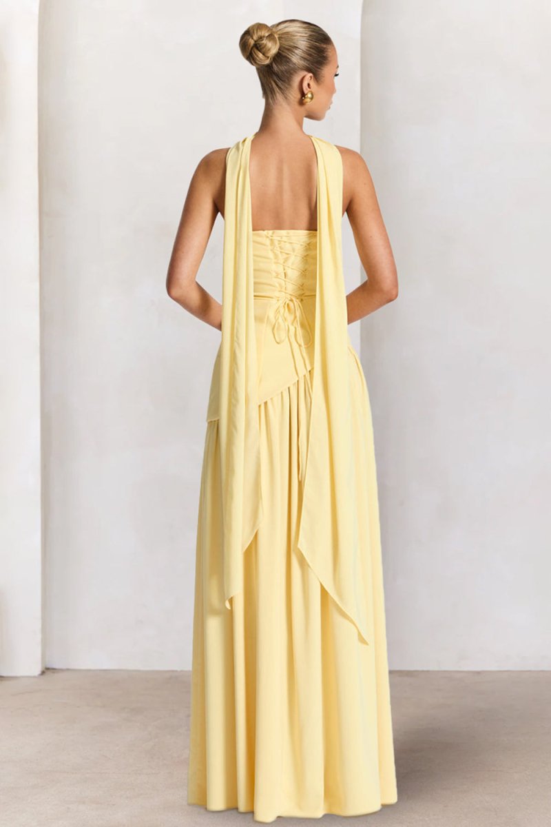 KissProm-Roxanne Yellow Strapless Sheath Chiffon Long Prom Dresses With Slit