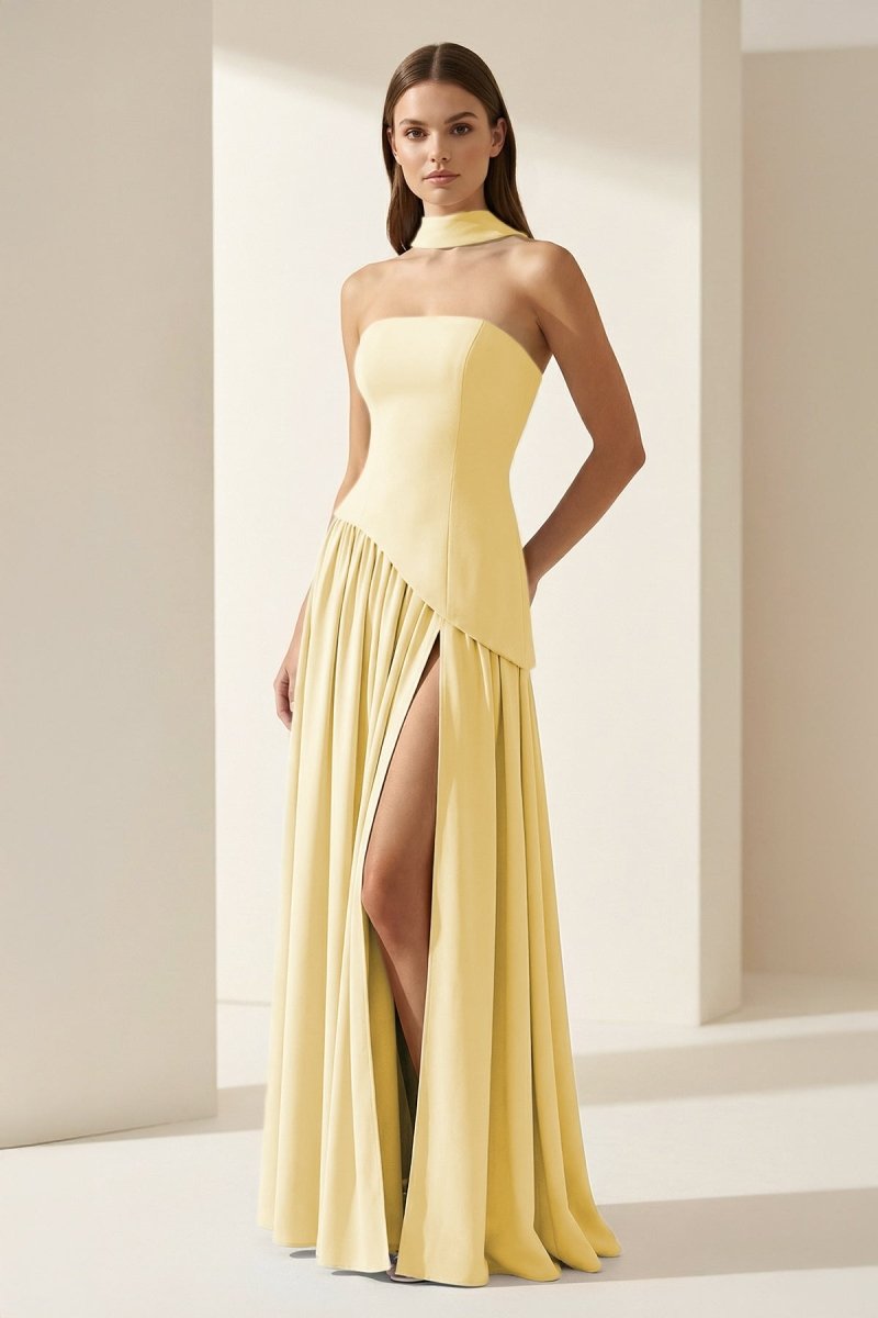 Roxanne | Pink - Strapless Sheath Chiffon Long Prom Dresses With Slit - KissProm