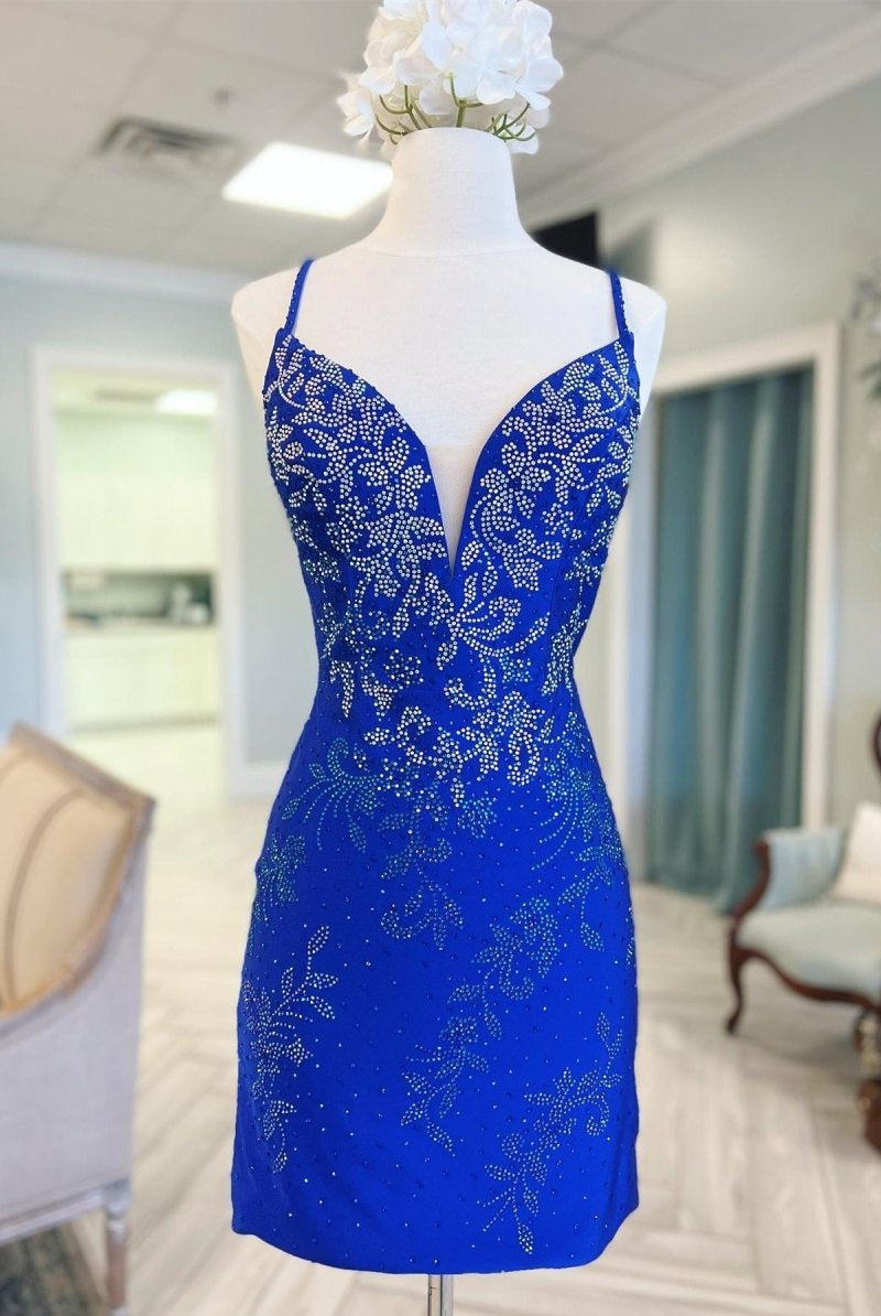 Kerry | Royal Blue Beaded Plunge V Lace-Up Short Homecoming Dress