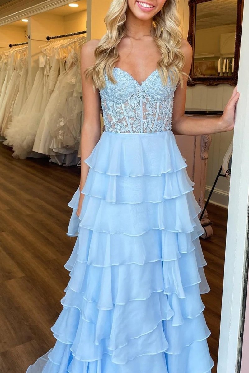 KissProm-Alondra Sky Blue Chiffon Sweetheart Ruffle Tiered Long Prom Dress