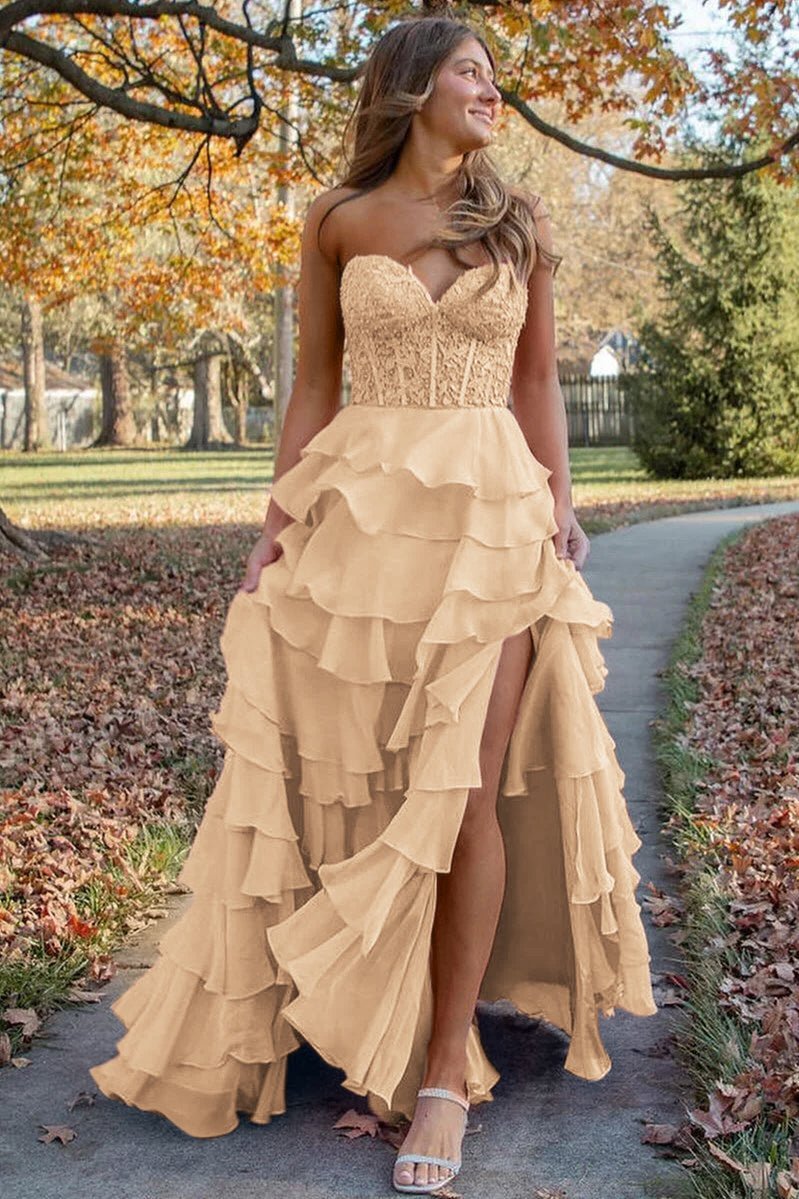 Alondra | Royal Blue Chiffon Sweetheart Ruffle Tiered Long Prom Dress