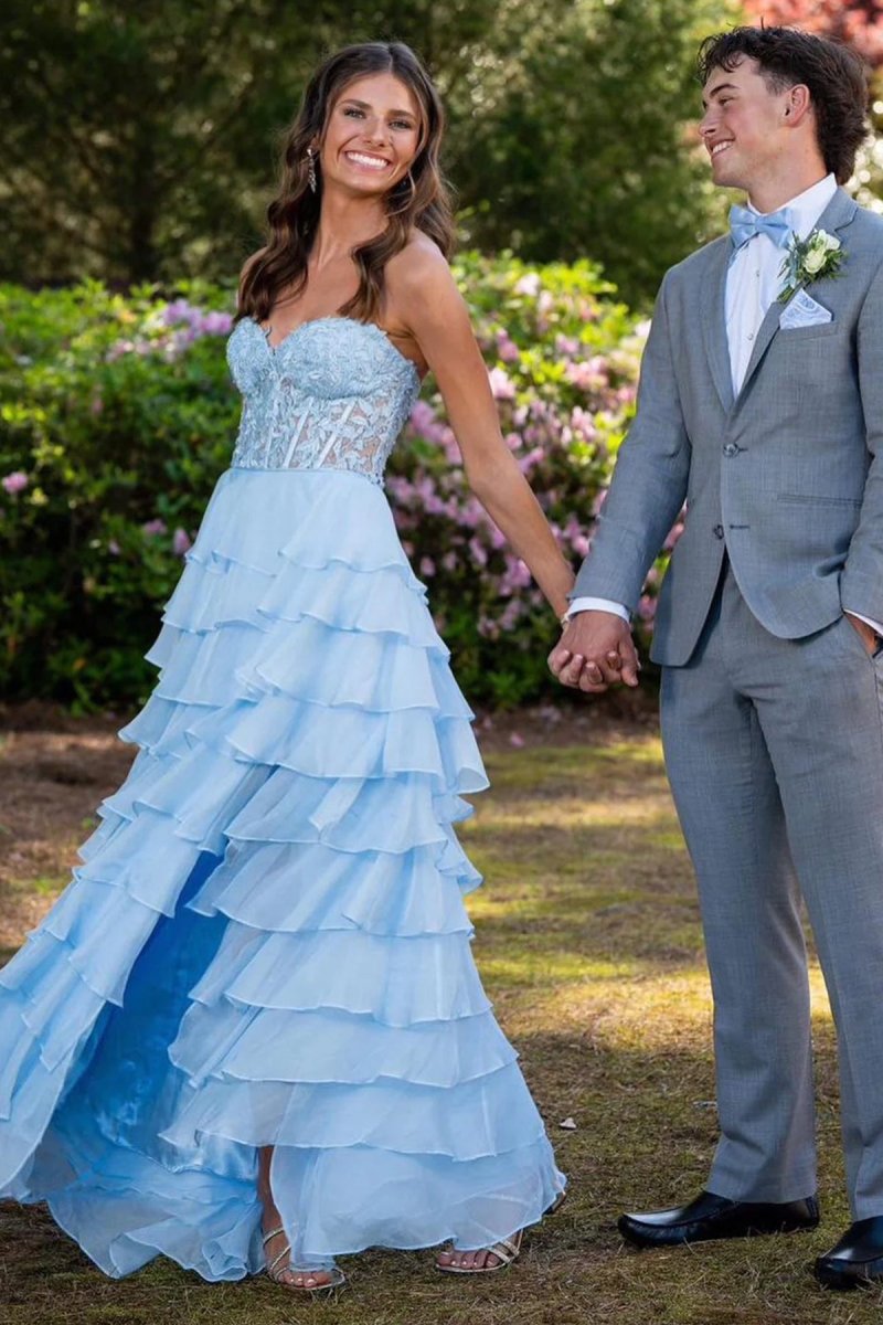 KissProm-Alondra Sky Blue Chiffon Sweetheart Ruffle Tiered Long Prom Dress