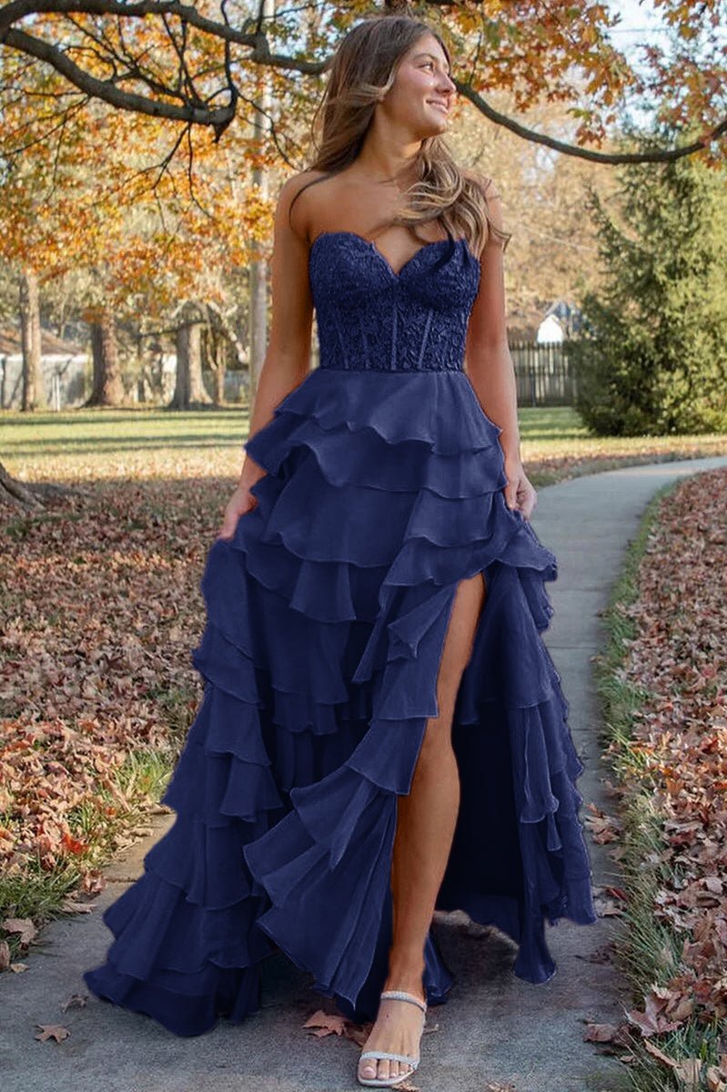 KissProm-Alondra Navy Blue Chiffon Sweetheart Ruffle Tiered Long Prom Dress