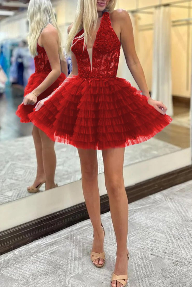 Royal Blue Halter Ruffle Tiered Short Homecoming Dresses Appliques