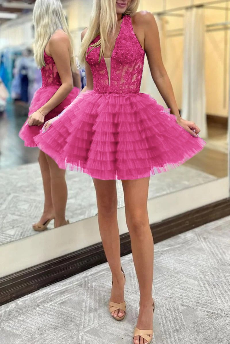 Royal Blue Halter Ruffle Tiered Short Homecoming Dresses Appliques