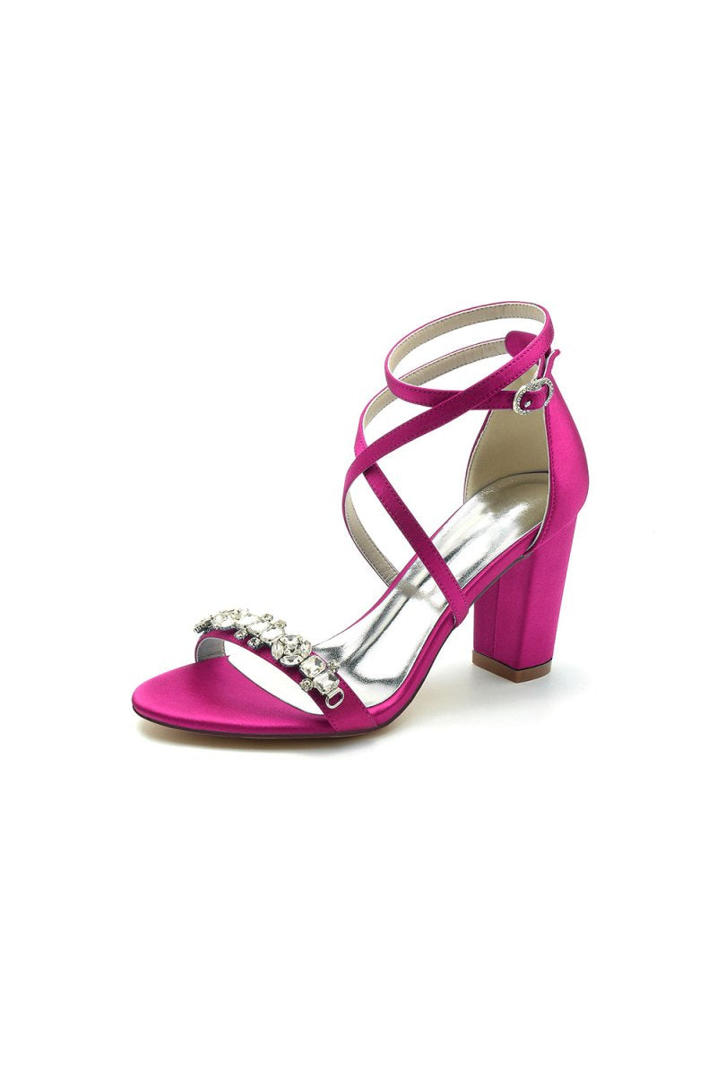 Fuchsia High Heels with Crossed Straps and Metal Accents - KissProm