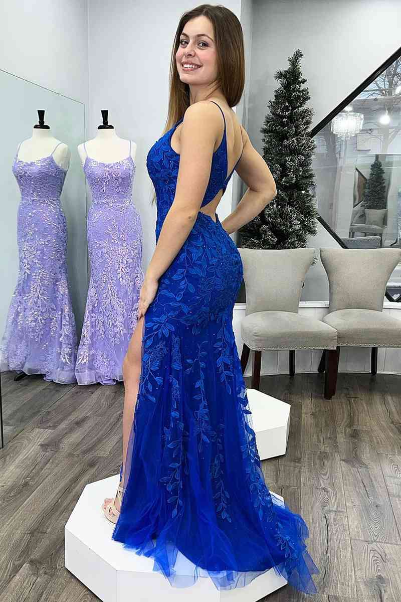 Royal Blue Mermaid Deep V Neck Tulle Applique Long Prom Dress - KissProm