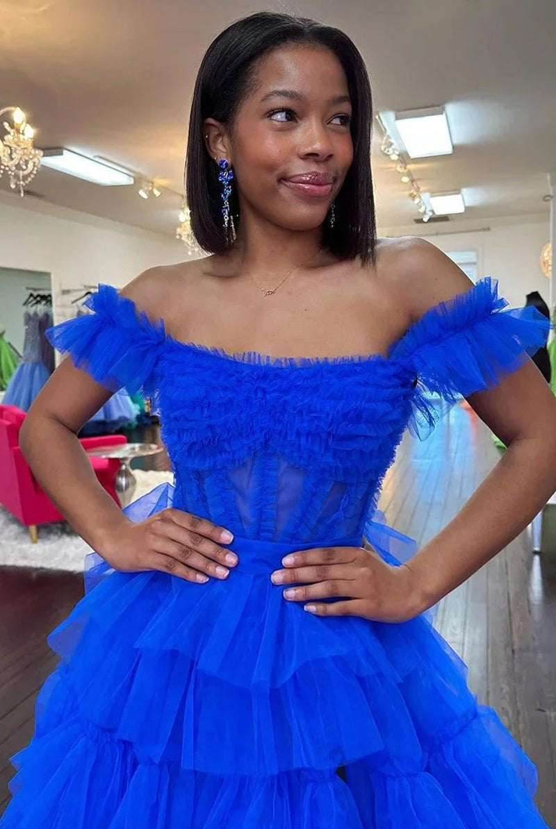 KissProm-Adalynn Royal Blue Off the Shoulder Ruffle Tiered Tulle Long Prom Dresses with Slit