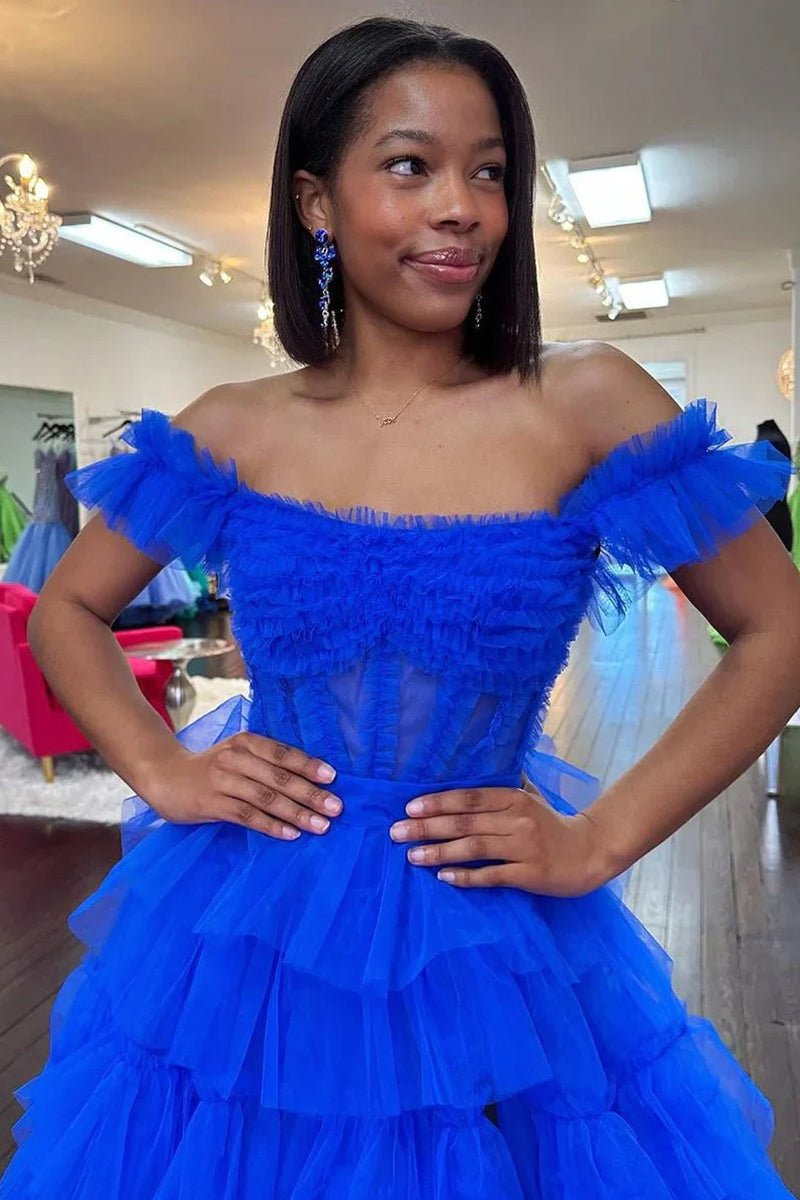 KissProm-Adalynn Royal Blue Off the Shoulder Ruffle Tiered Tulle Long Prom Dresses with Slit