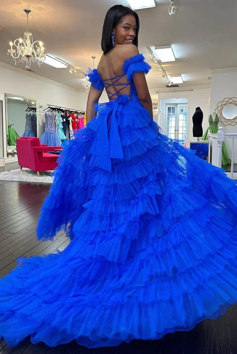 KissProm-Adalynn Royal Blue Off the Shoulder Ruffle Tiered Tulle Long Prom Dresses with Slit