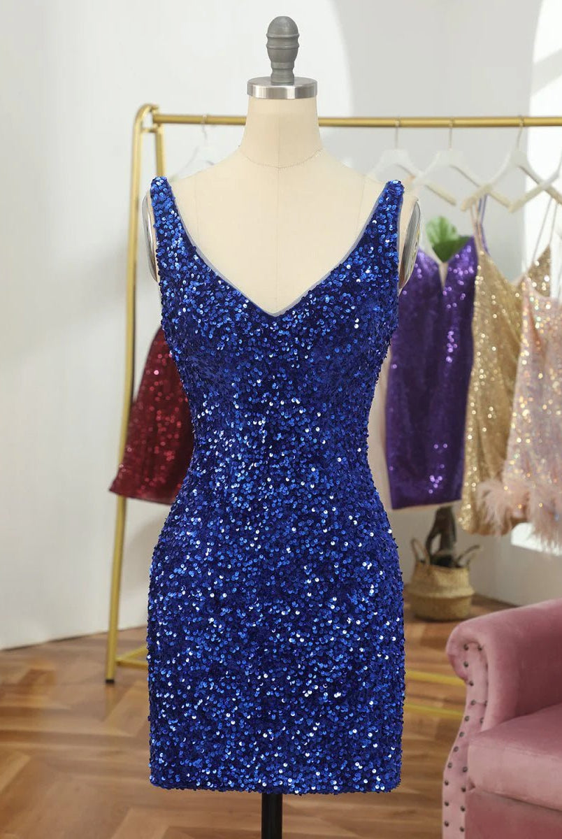 Mia | Light Blue Open Back Sequins Tight Homecoming Dress