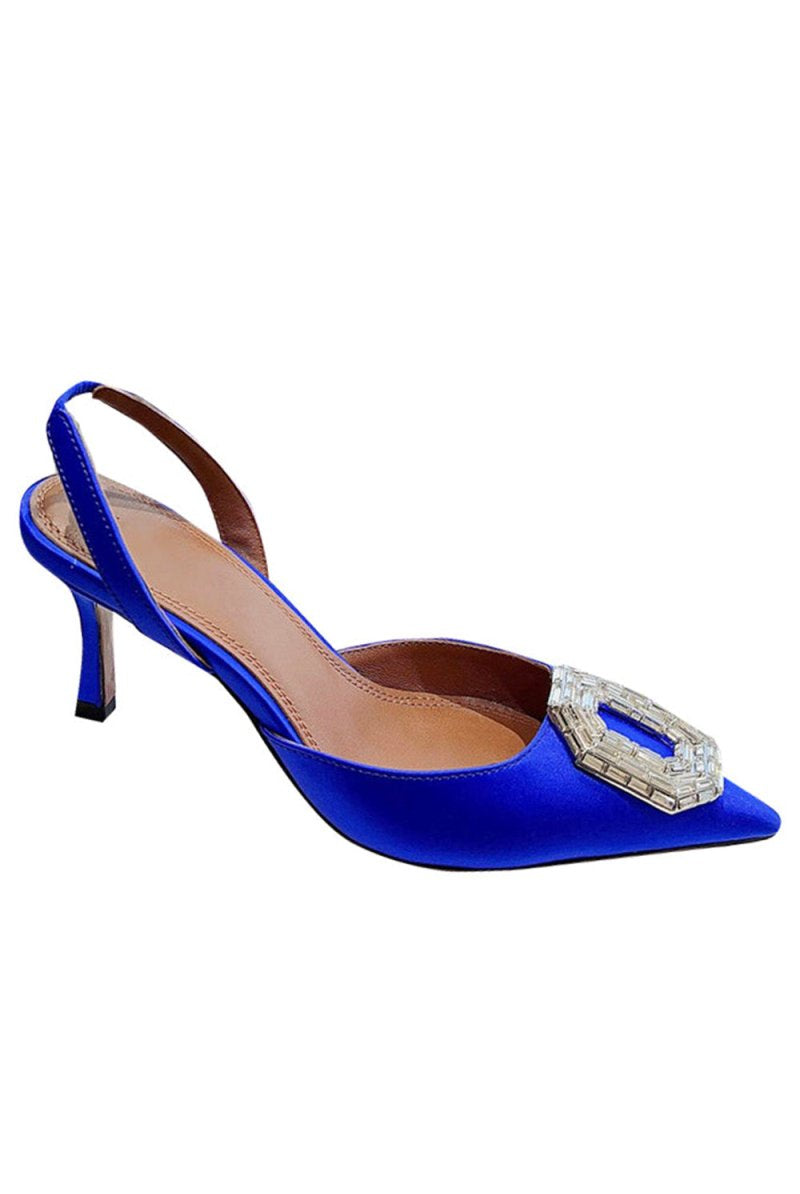Royal Blue Satin Buckled Mid Heel Stiletto Sandals - KissProm
