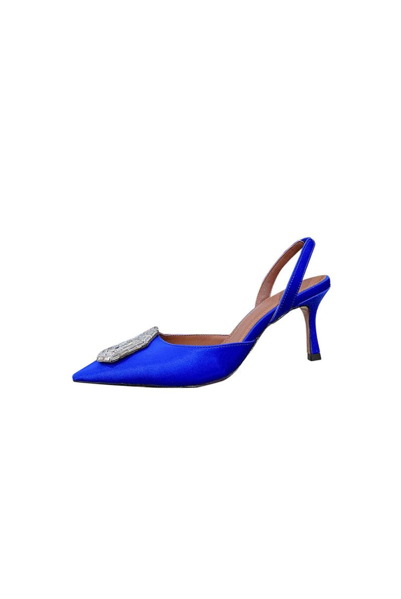 Royal Blue Satin Buckled Mid Heel Stiletto Sandals - KissProm