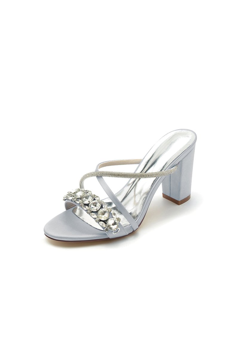 Silver Satin High Heels with Crystal and Metal Embellishments - KissProm