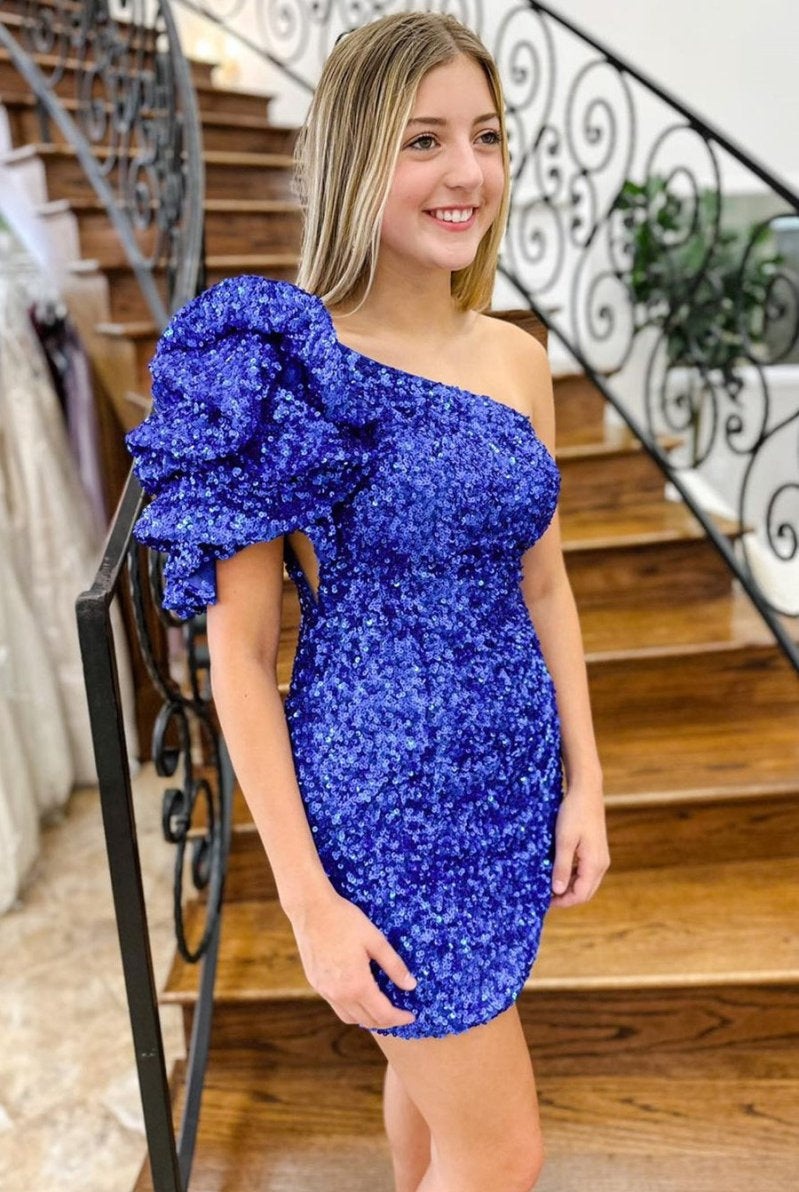 Sheath Royal Blue Sequin One-Shoulder Short Homecoming Dress