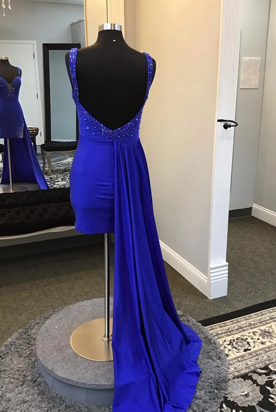 Royal Blue Spaghetti Straps Beaded Bodycon Homecoming Dress with Open Back