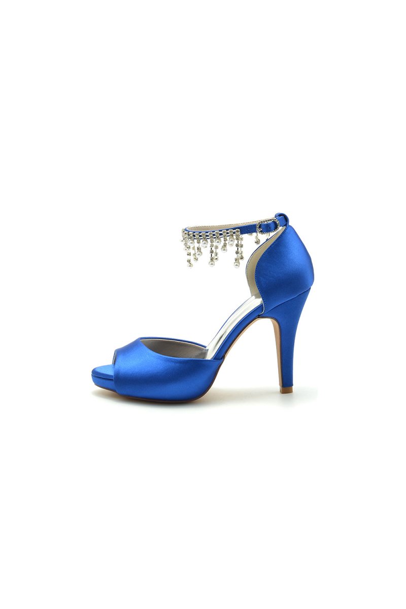 Navy Blue Stiletto Heels with Pearl and Chain Decor - KissProm