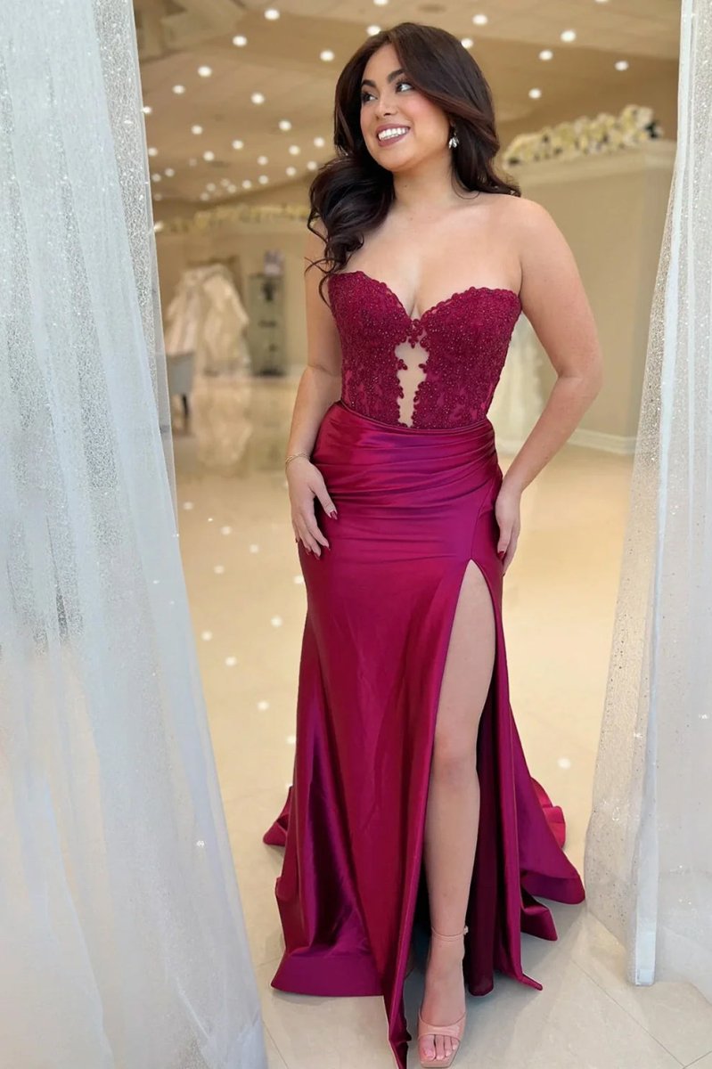 KissProm-Aeth Burgundy Strapless Lace Mermaid Long Prom Dresses With Slit