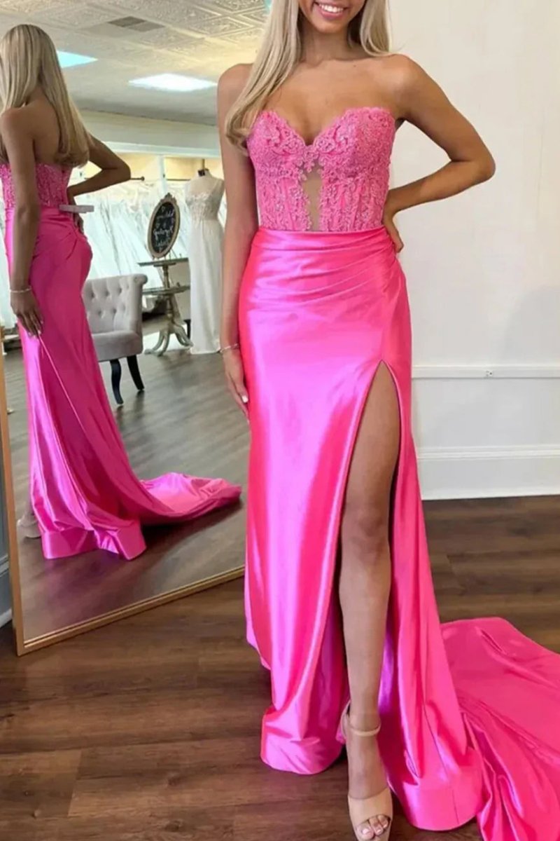KissProm-Aeth Pink Strapless Lace Mermaid Long Prom Dresses With Slit
