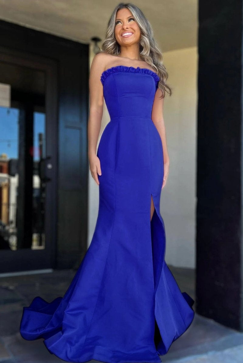 Denver | Strapless Maganta Ruffle Mermaid Slit Long Prom Dress