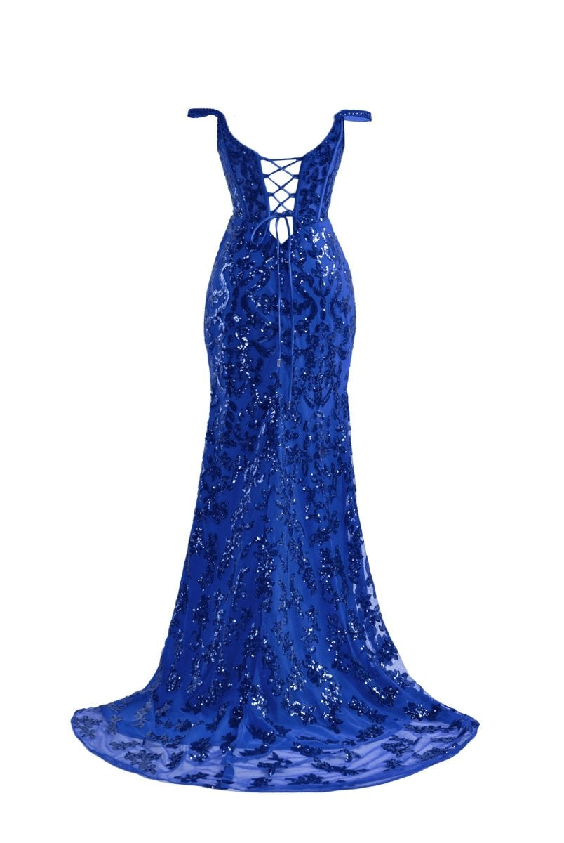 Erryn |Sparkly Blue Sheath Sequins Long Prom Dress with Slit