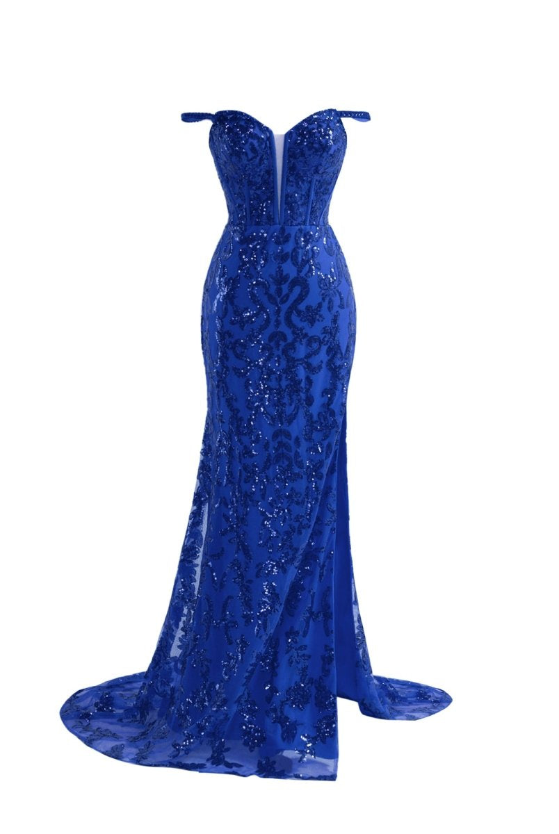 Erryn |Sparkly Blue Sheath Sequins Long Prom Dress with Slit