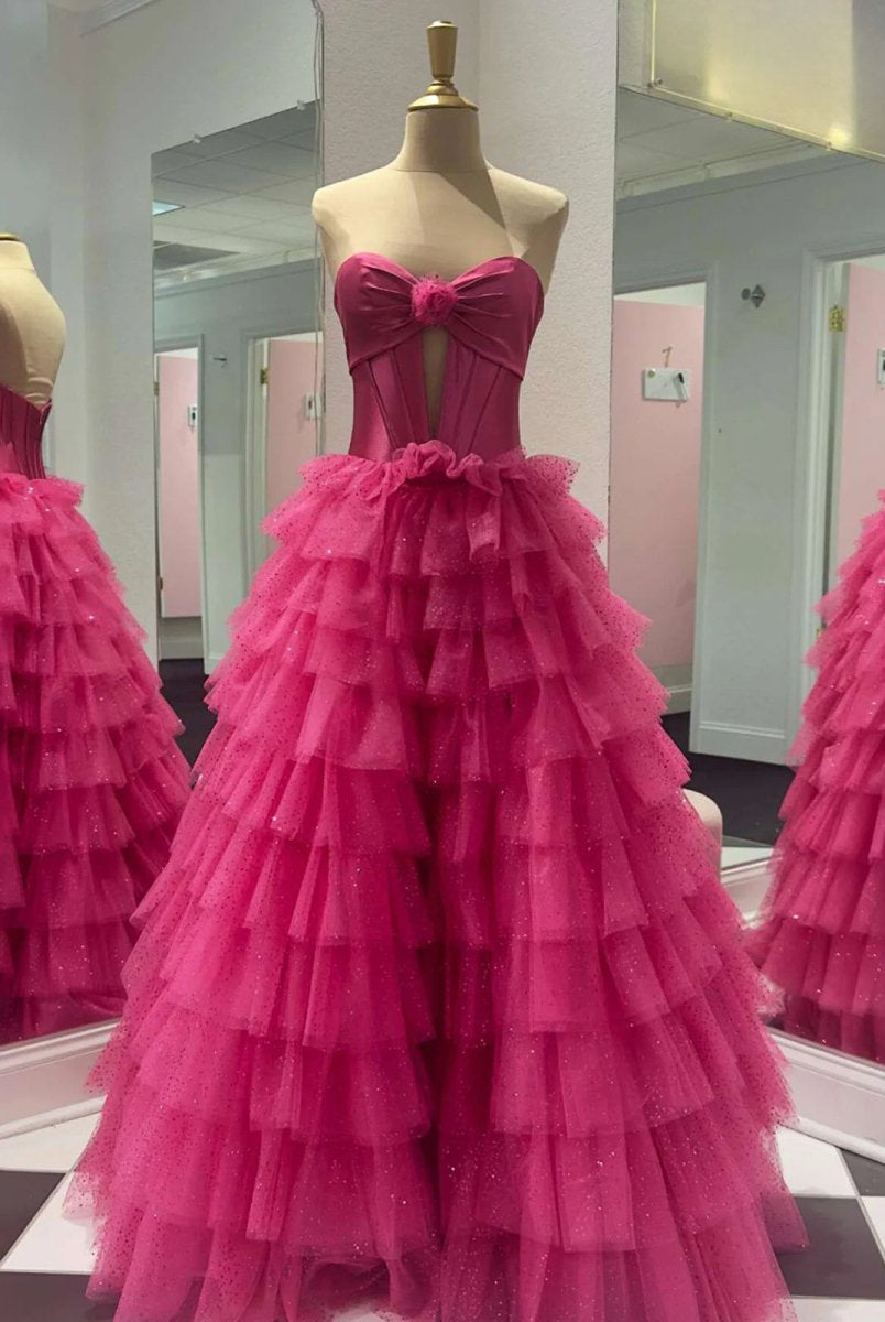 Rozara | Fuchsia A-Line Sweetheart Keyhole Tiered Tulle Long Prom Dresses