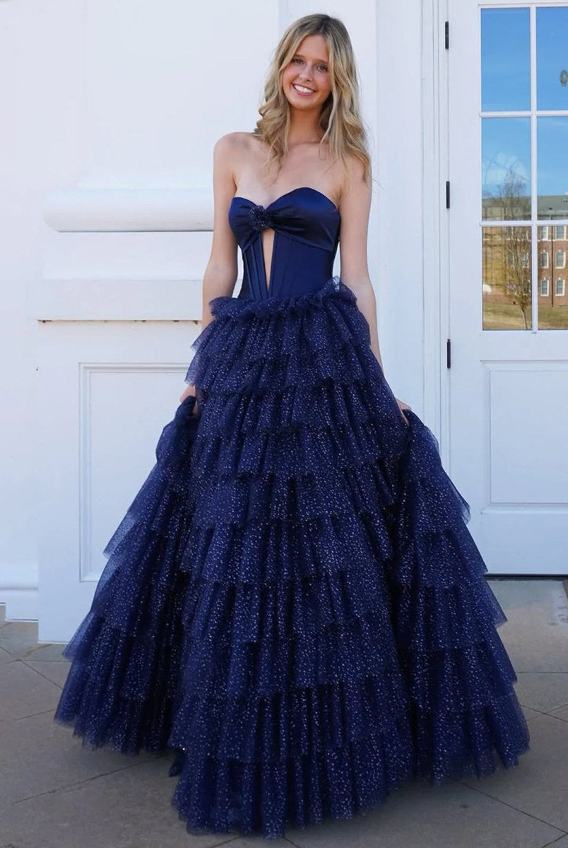 Rozara | Fuchsia A-Line Sweetheart Keyhole Tiered Tulle Long Prom Dresses