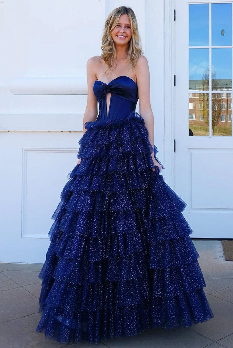 Rozara | Fuchsia A-Line Sweetheart Keyhole Tiered Tulle Long Prom Dresses